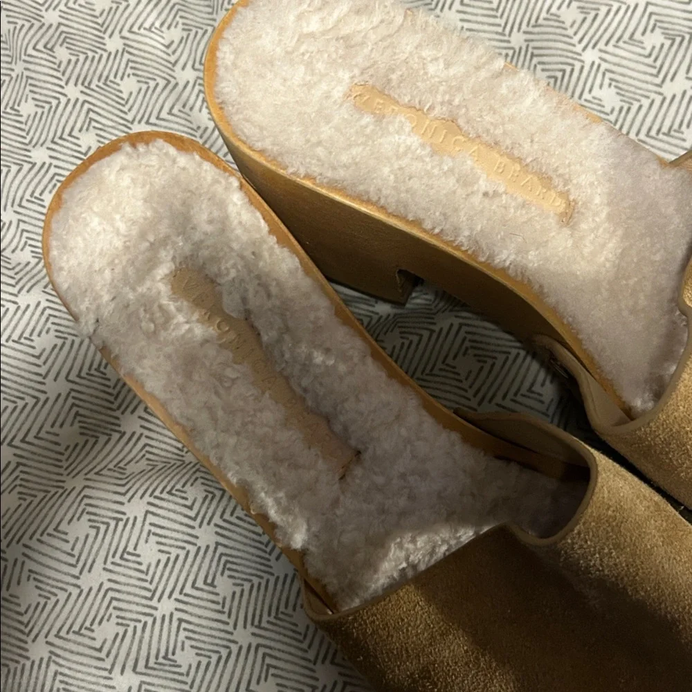 Veronica Beard Tan Suede Slide Sandals with Lamb Fur - 8 - Picture 2 of 6